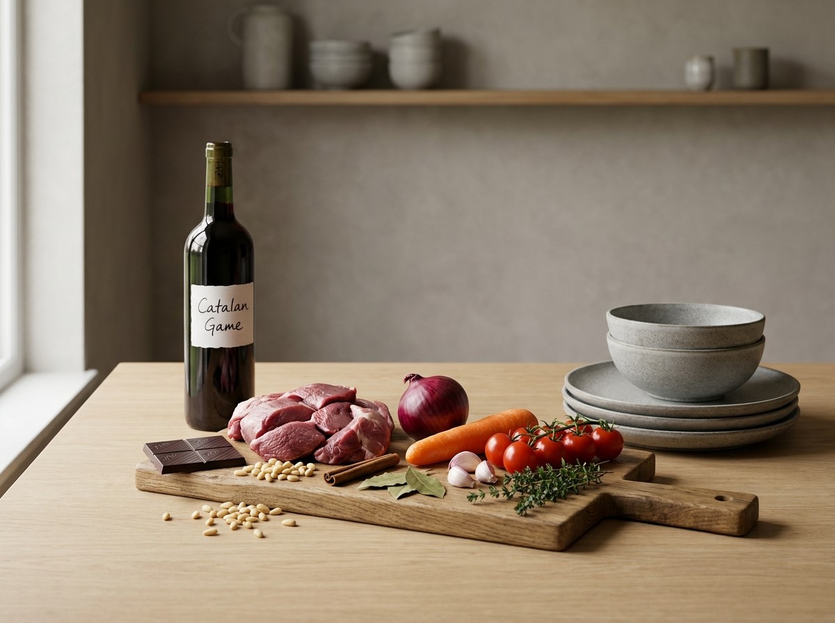 Ingredientes: jabalí troceado, vino tinto, chocolate negro, piñones y sofrito