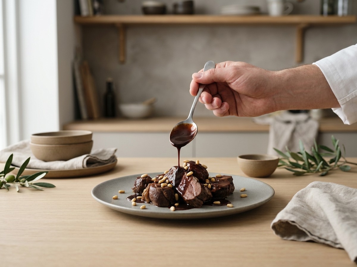 Emplatado del jabalí napado con salsa de chocolate y piñones