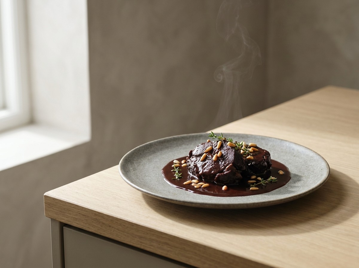 Jabalí estofado en plato de cerámica gris piedra: caza melosa en salsa oscura y brillante de vino y chocolate con piñones tostados.