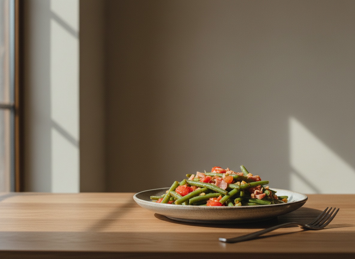 Judías verdes tersas envueltas en sofrito de tomate concentrado con taquitos de jamón y láminas de ajo dorado, en fuente honda de cerámica gris piedra