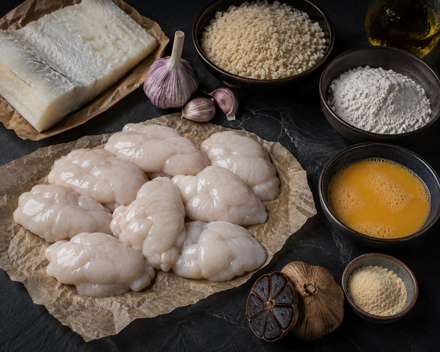 Ingredientes: kokotxas de bacalao, panko, lecitina, ajo negro y aceite de oliva