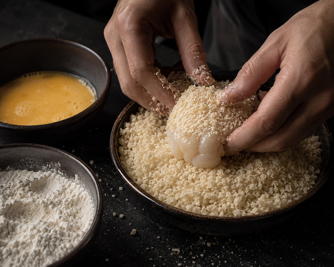 Kokotxa empanándose en panko fino con cobertura mínima