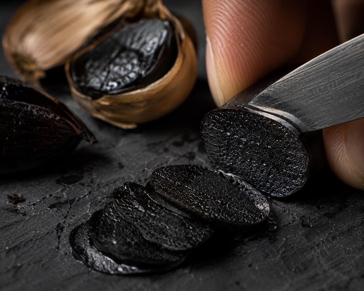 Ajo negro fermentado laminándose en láminas de 1 mm