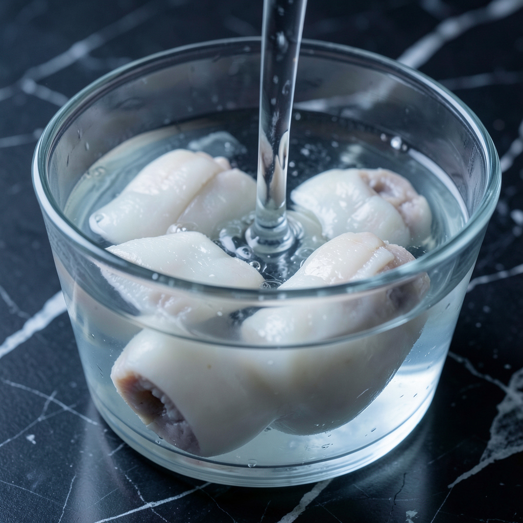 Kokotxas de bacalao desalándose en agua fría