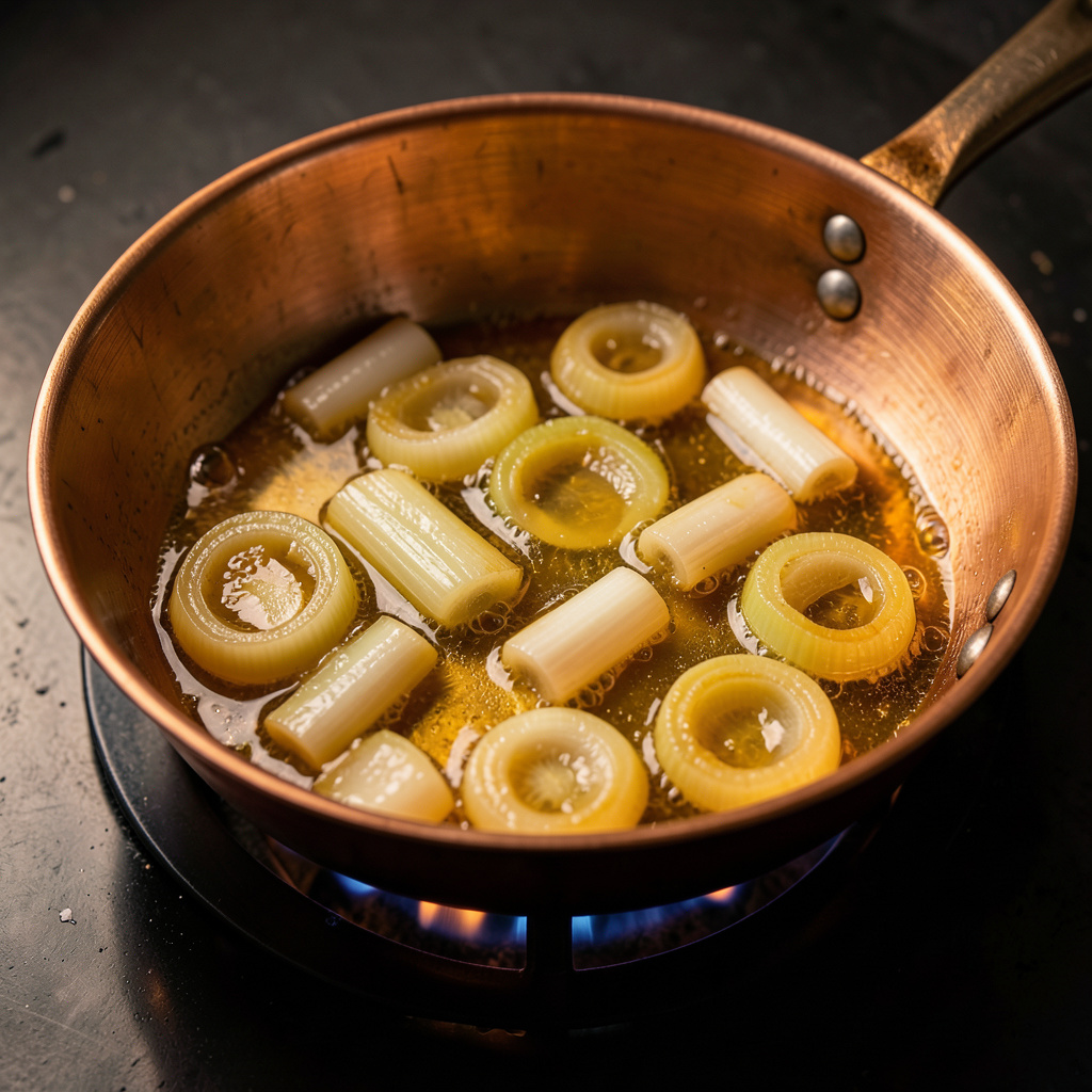 Puerro caramelizándose lentamente en mantequilla para la porrusalda