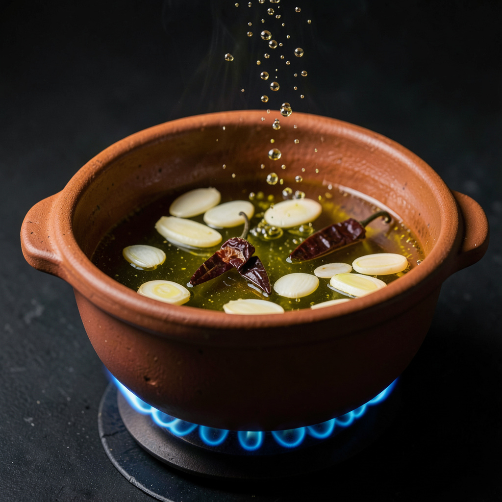 Base del pil-pil: aceite con ajo laminado y guindilla en cazuela de barro