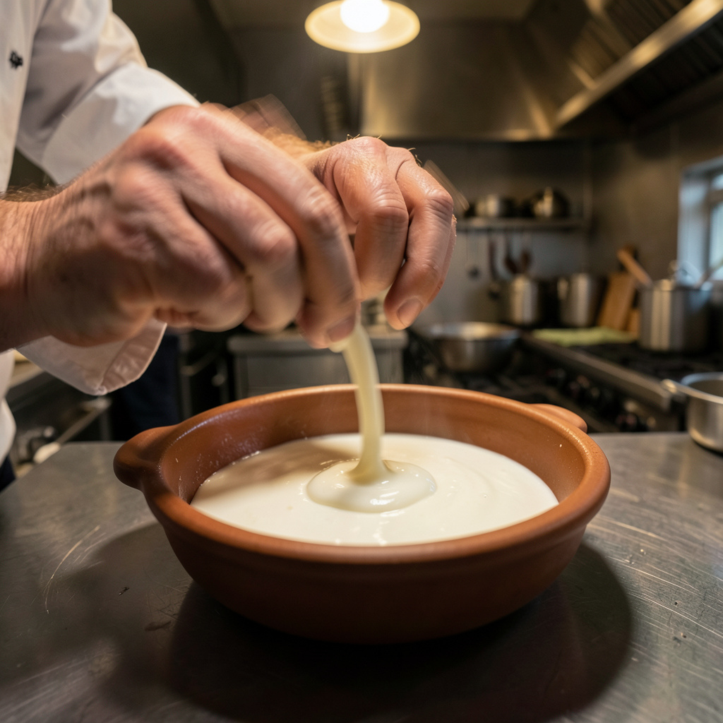 Emulsión del pil-pil con movimiento circular de la cazuela