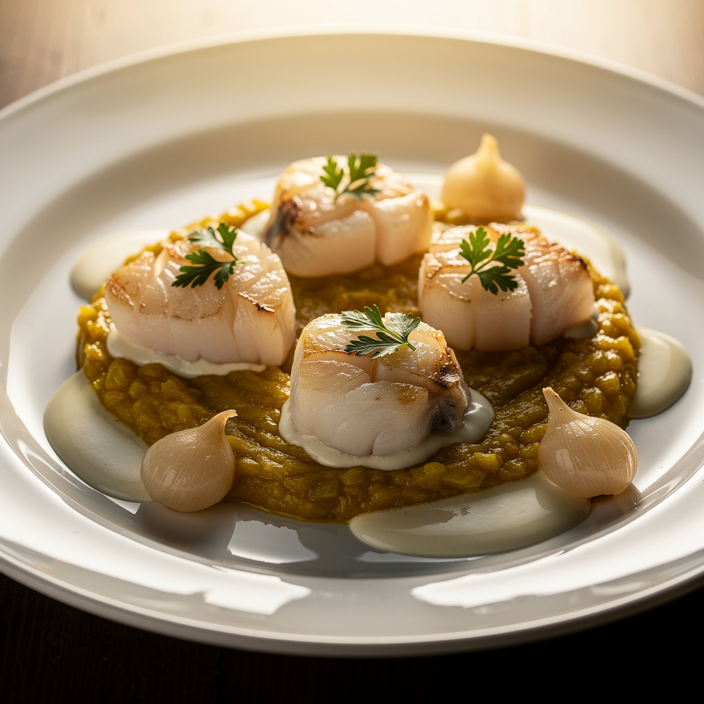 Kokotxas de bacalao al pil-pil con porrusalda de puerro caramelizado