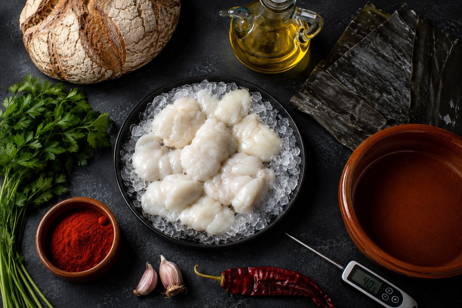Ingredientes: kokotxas de rodaballo, alga kombu, pimentón de la Vera, ajo y aceite Arbequina