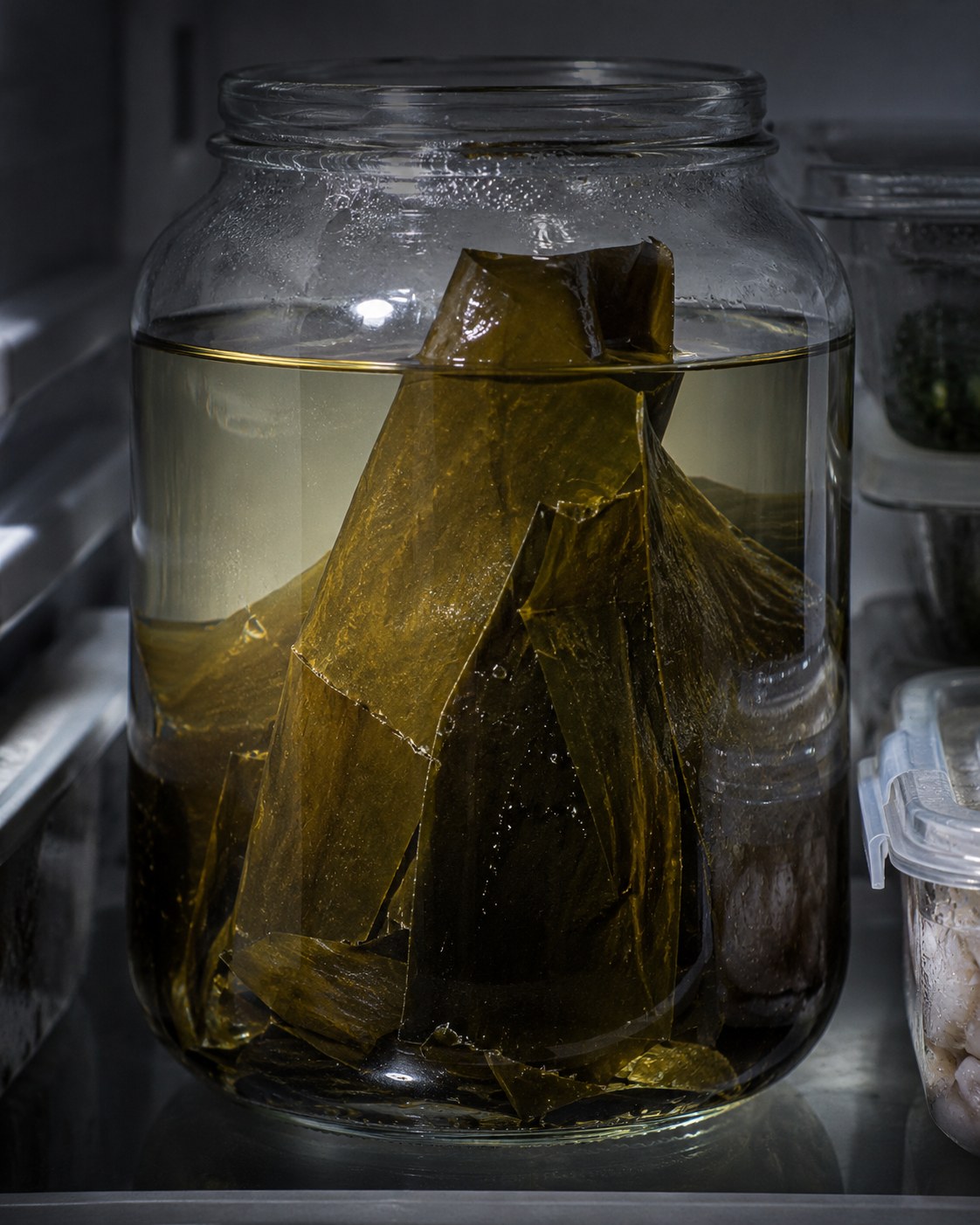 Alga kombu infusionándose en frío 12 horas (mizudashi)
