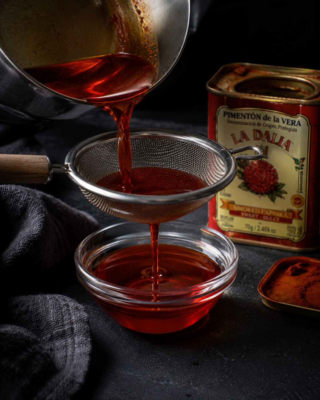 Aceite de pimentón de la Vera rojo brillante infusionado a 65-68°C