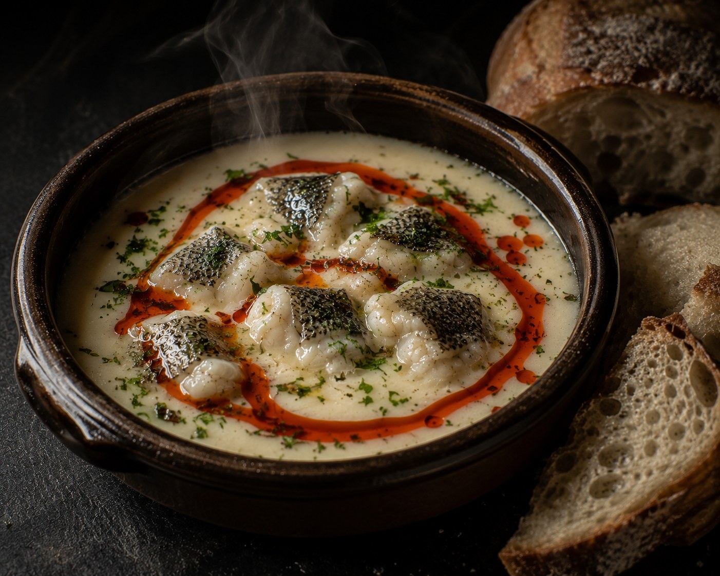 Kokotxas de rodaballo salvaje en salsa pilpil blanca sedosa de algas kombu con aceite de pimentón ahumado en rojo en cazuela de barro negra