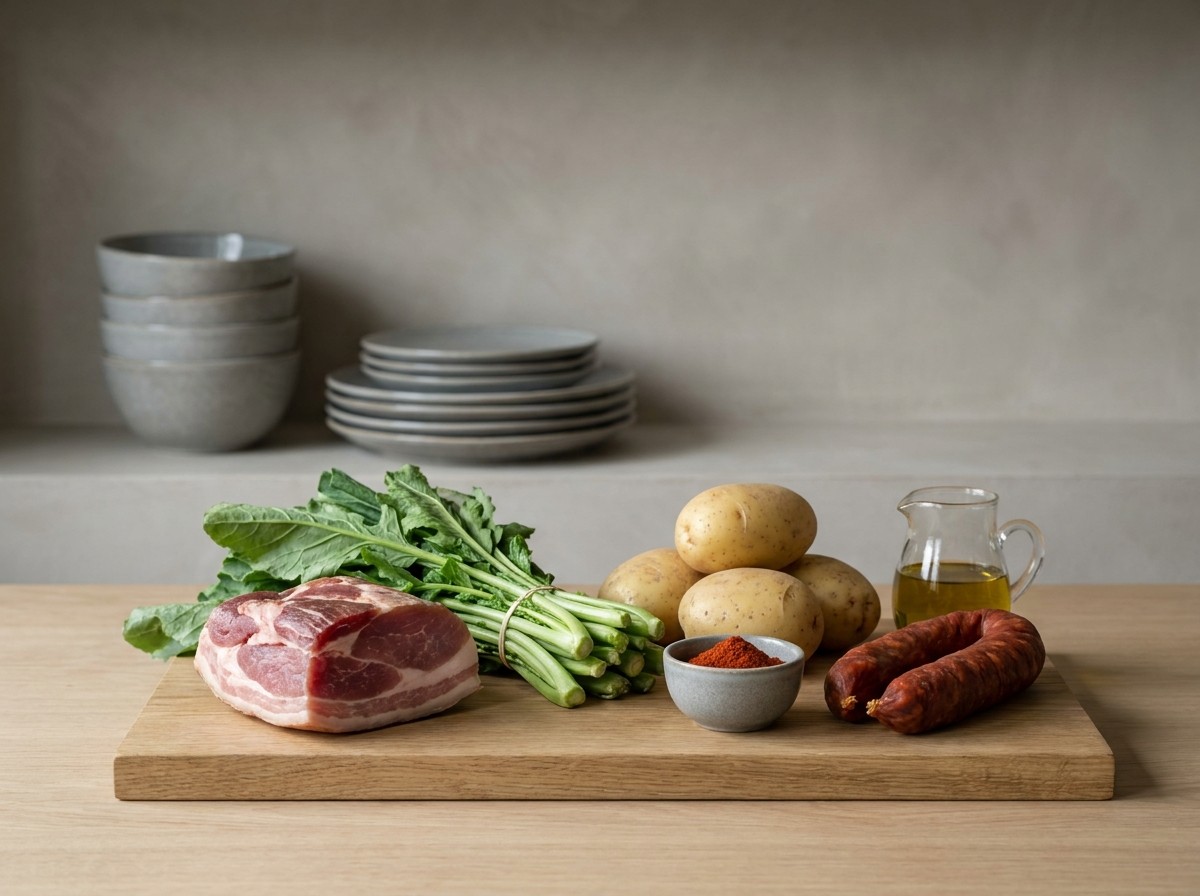 Ingredientes: lacón curado, grelos, cachelos, chorizo gallego, aceite y pimentón