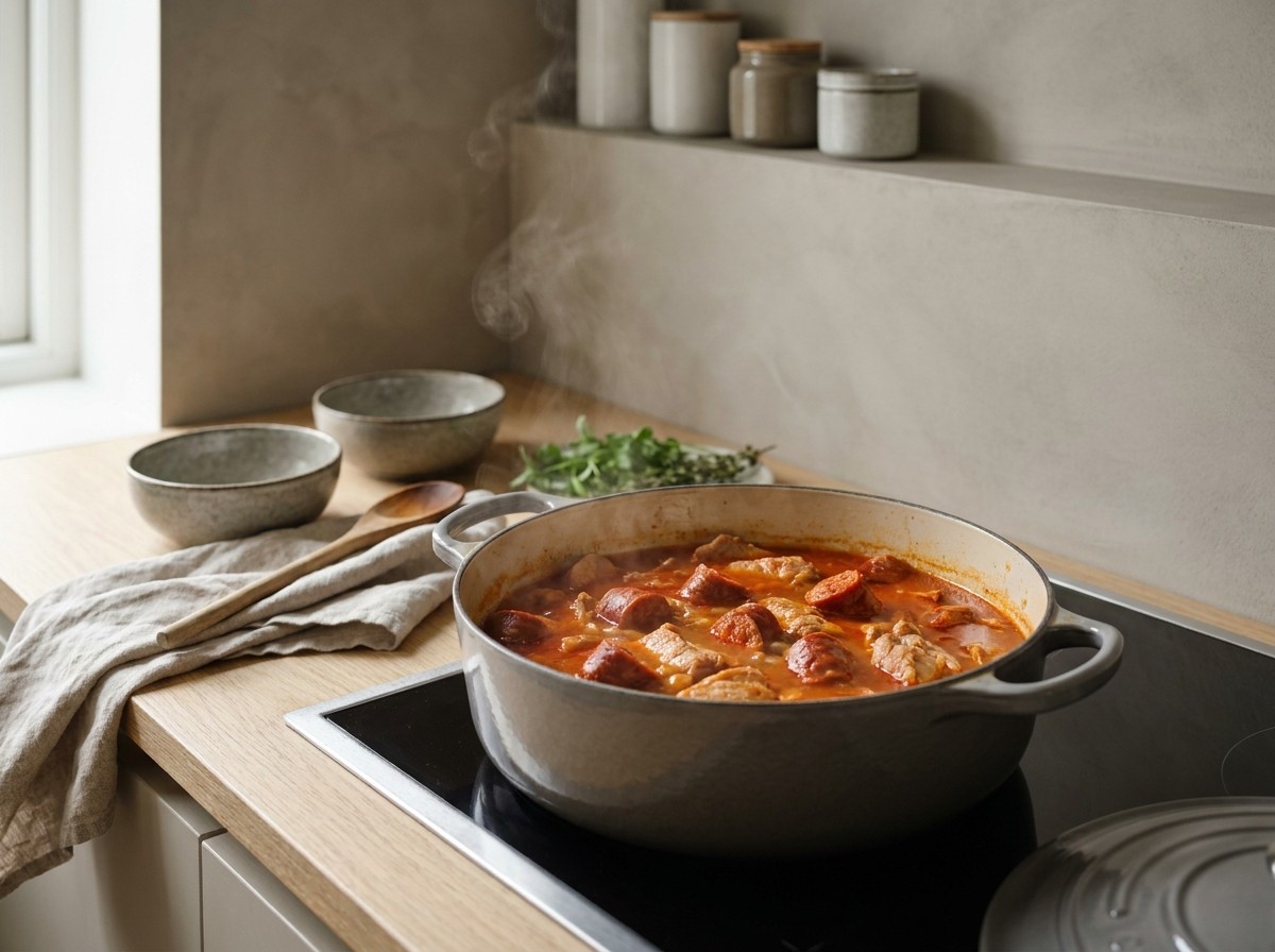 Chorizo añadido a la olla tiñendo el caldo de rojo