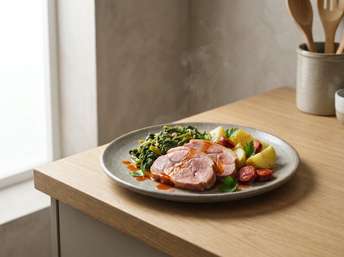 Lacón con grelos en plato de cerámica gris piedra: lonchas de lacón cocido con grelos verdes, cachelos y rodajas de chorizo, con aceite y pimentón.