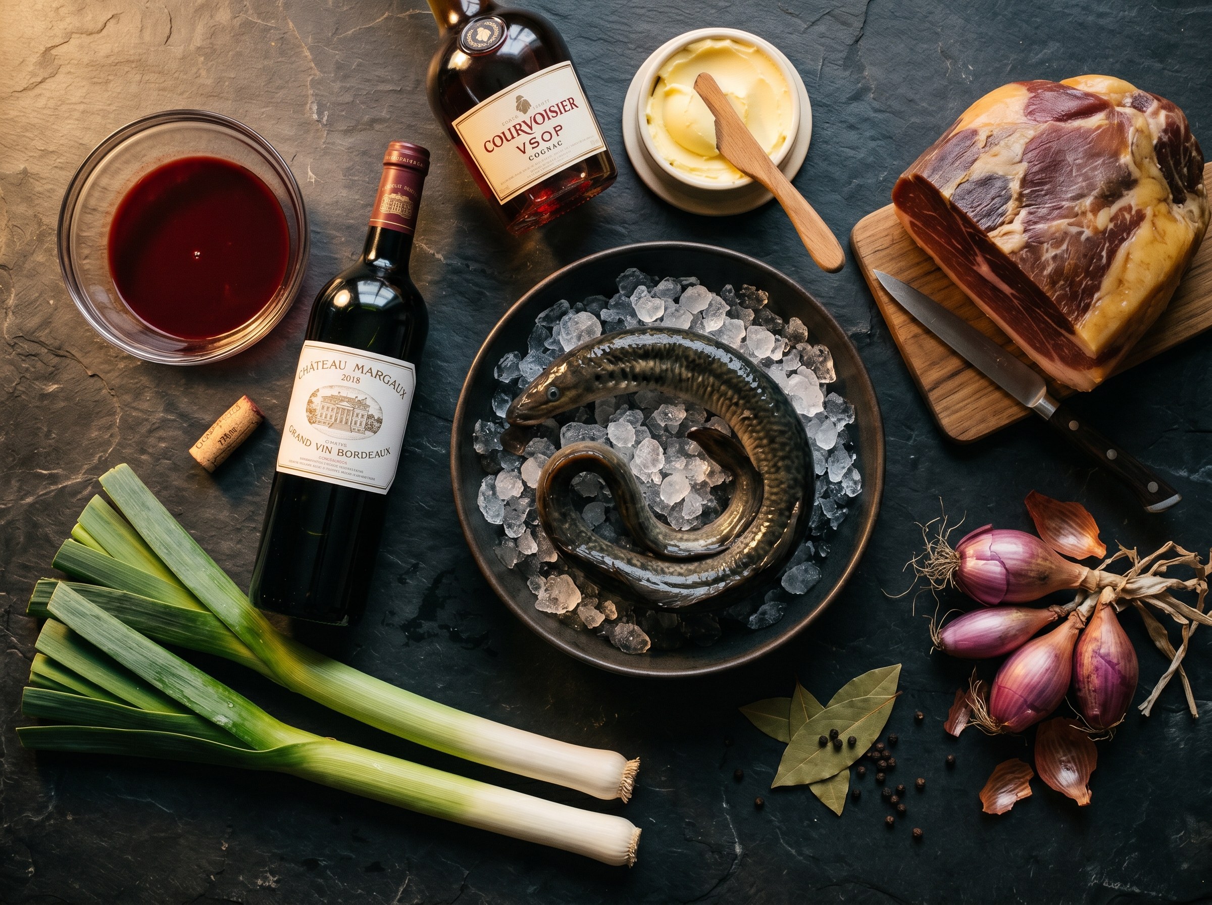 Flat lay de ingredientes: lamprea enroscada sobre hielo, Château Margaux, Courvoisier VSOP, sangre en bol, jamón, puerros y chalotas