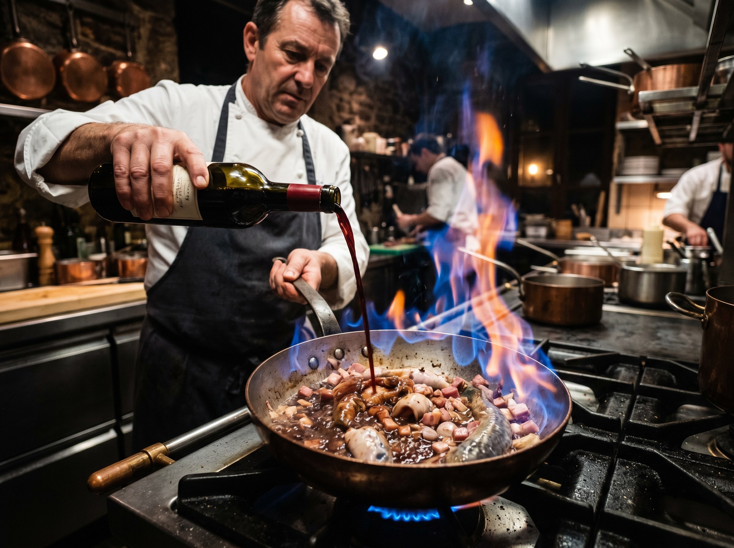 Chef flambeando la lamprea con coñac: llamas azul-naranja sobre cazuela con lamprea y jamón