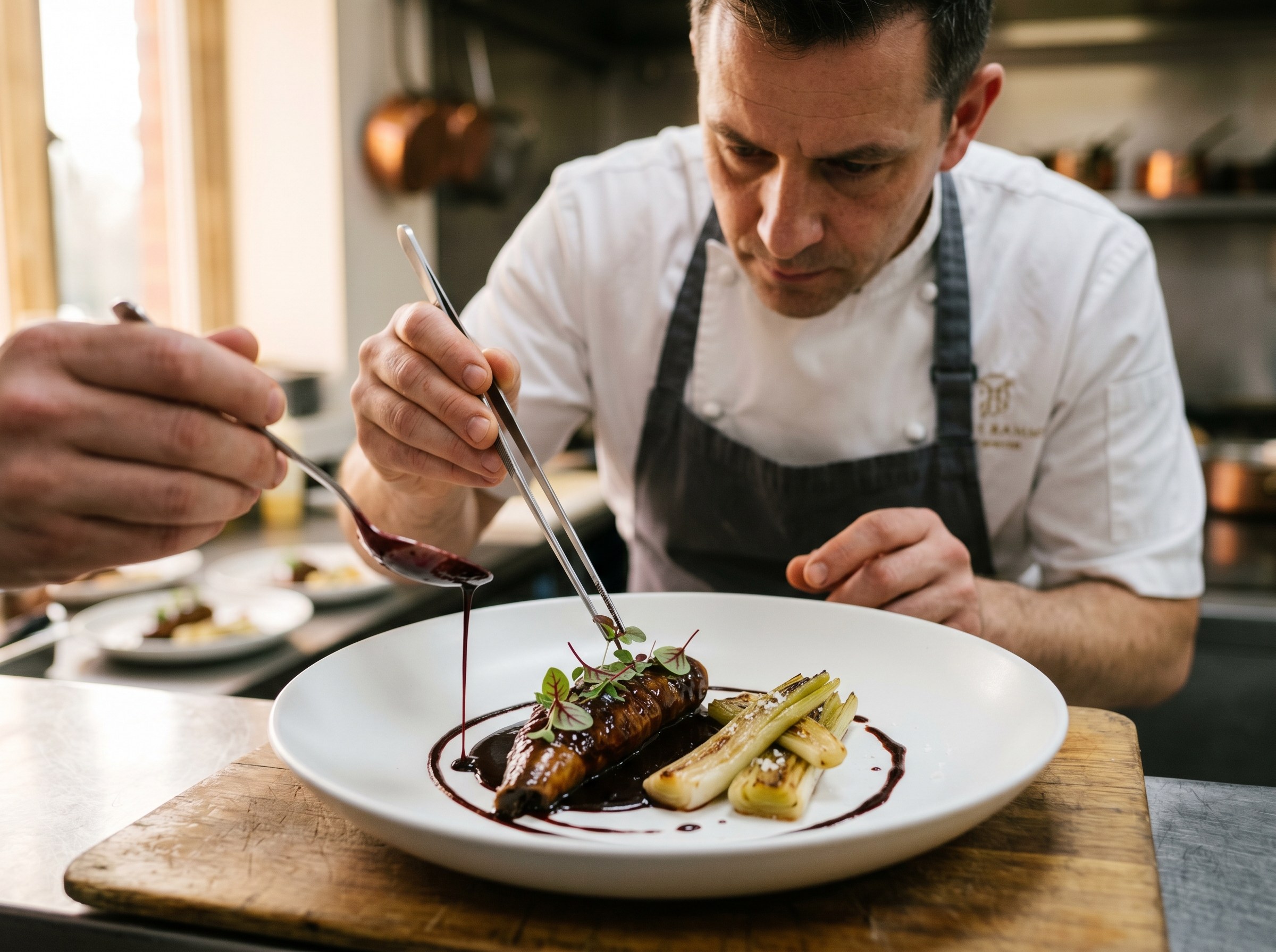 Chef emplatando con pinzas: salsa negra aterciopelada sobre lamprea y puerros confitados en plato blanco