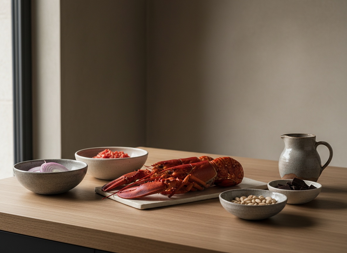 Ingredientes de la langosta a la catalana vistos de lado en ángulo de 45 grados: langosta, cuencos de cerámica artesanal con cebolla, tomate rallado, almendras, chocolate negro y jarra de caldo sobre roble.