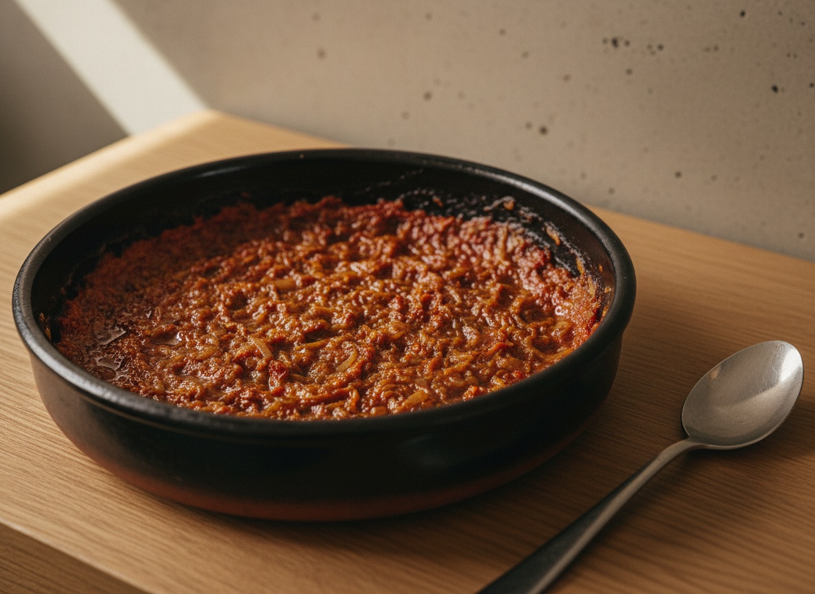 Sofrito de cebolla y tomate rallado concentrándose y oscureciendo en la cazuela.