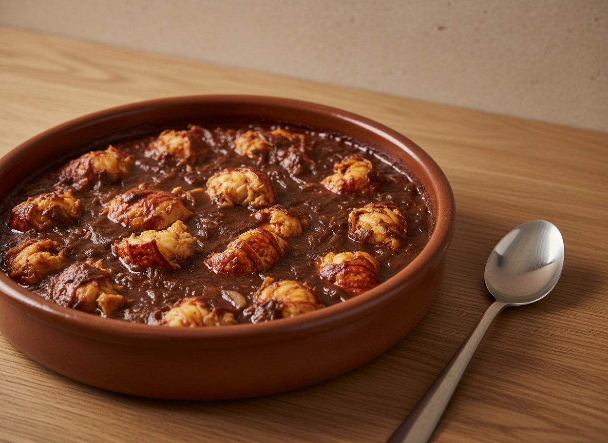 Langosta devuelta a la cazuela sobre el sofrito con el caldo de pescado cubriéndola.