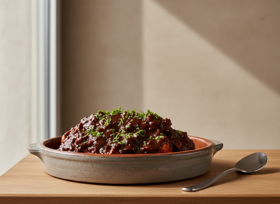 Cazuela de langosta a la catalana con salsa densa y brillante de sofrito y chocolate, coronada con perejil, sobre superficie de roble con luz natural desde la izquierda.