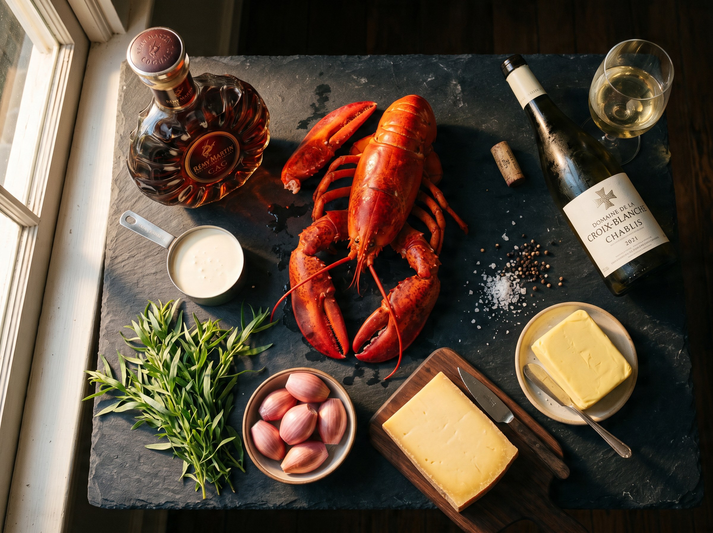 Flat lay ingredientes de la langosta Thermidor