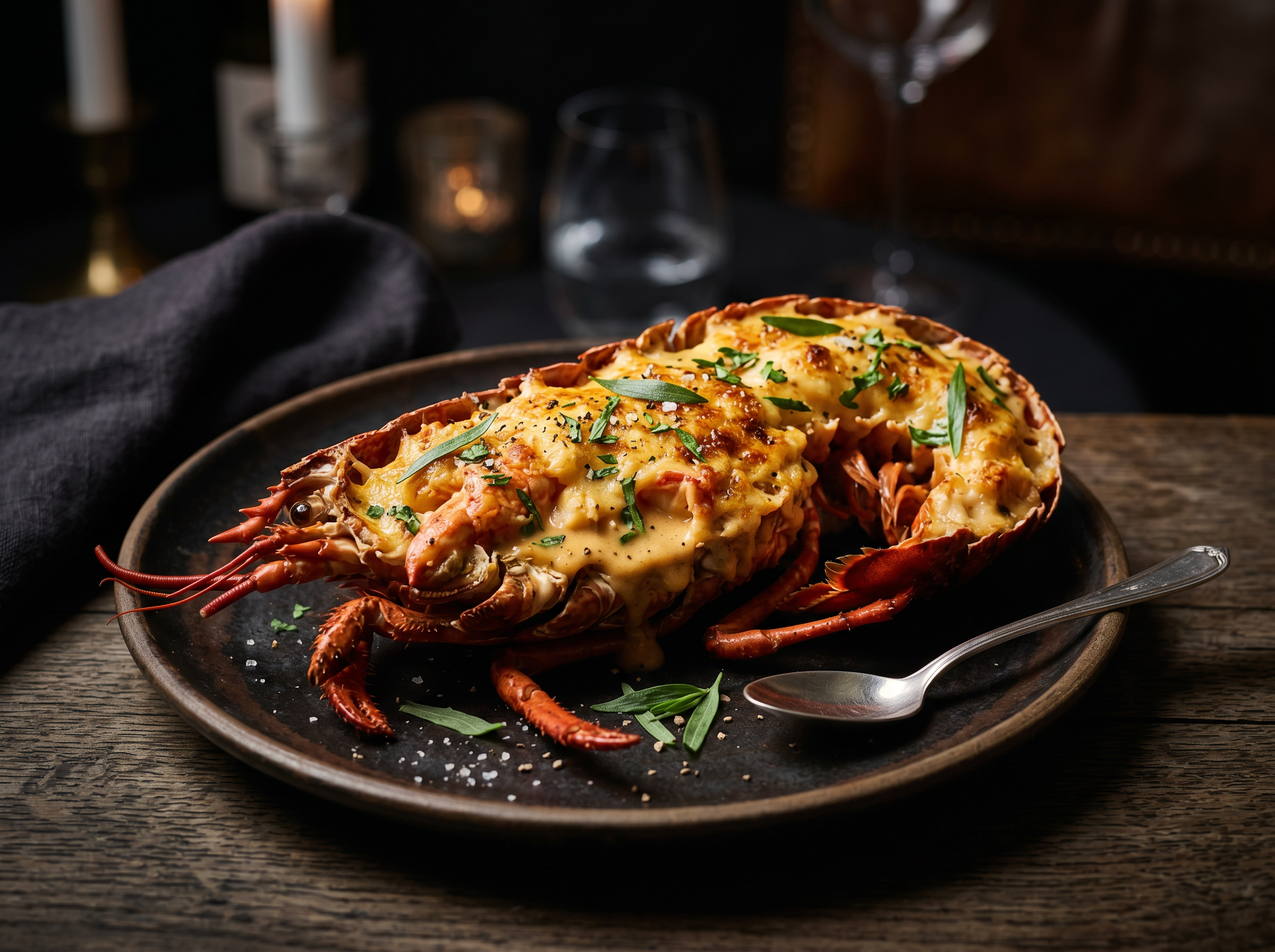 Langosta Thermidor con bisque concentrado y mantequilla de coral