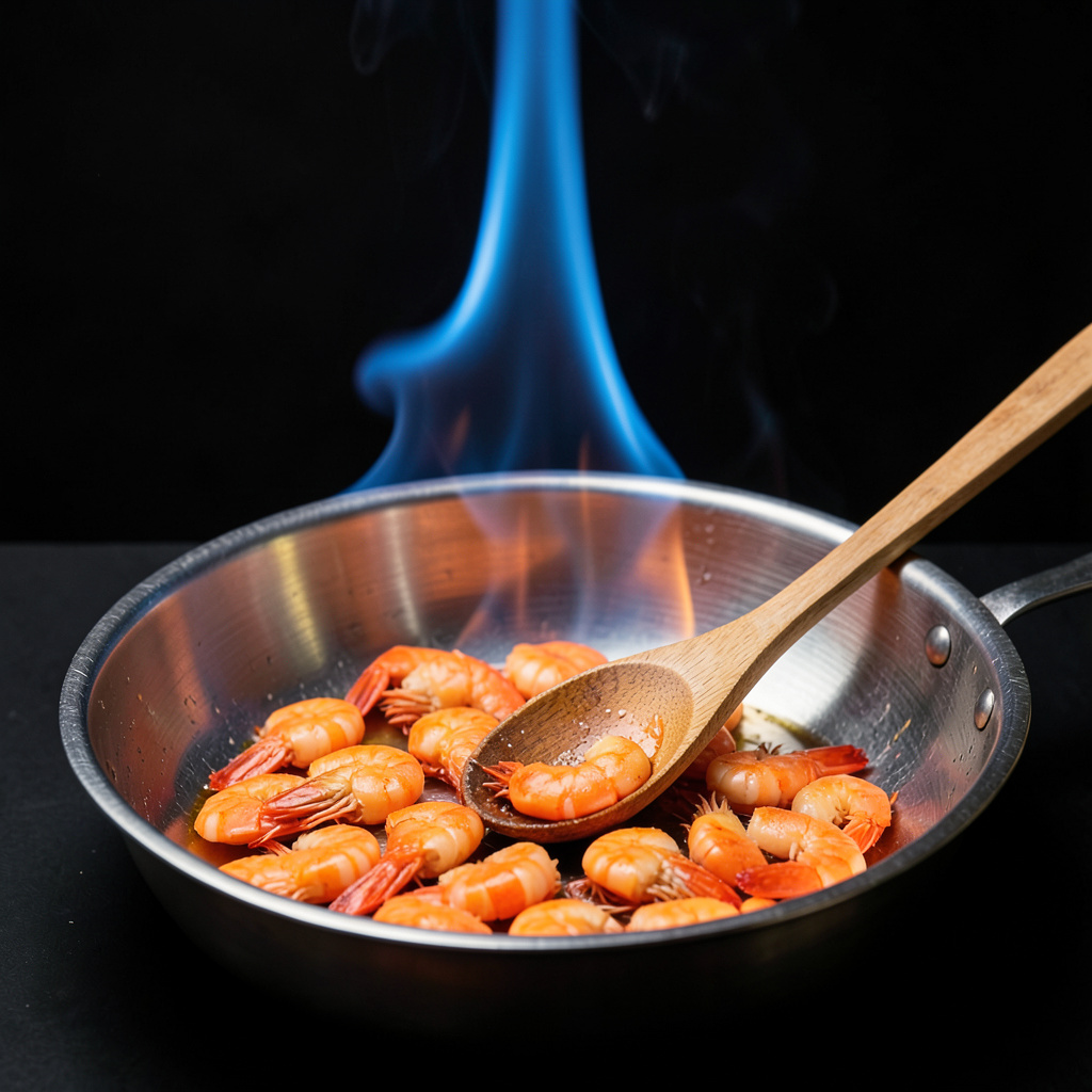 Cabezas de langostino flameadas con brandy de Jerez