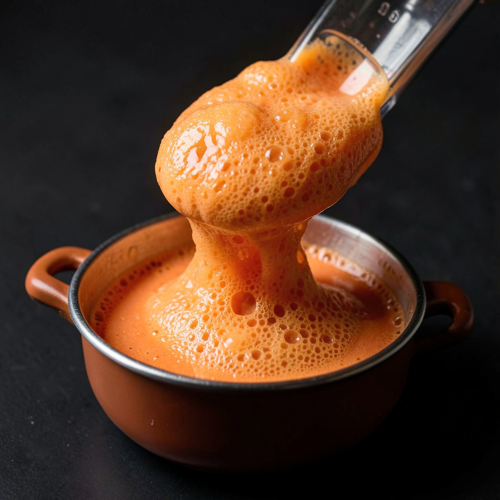 Espuma de cabezas de langostino naranja y densa