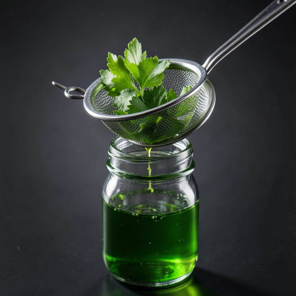 Aceite de perejil verde esmeralda colándose