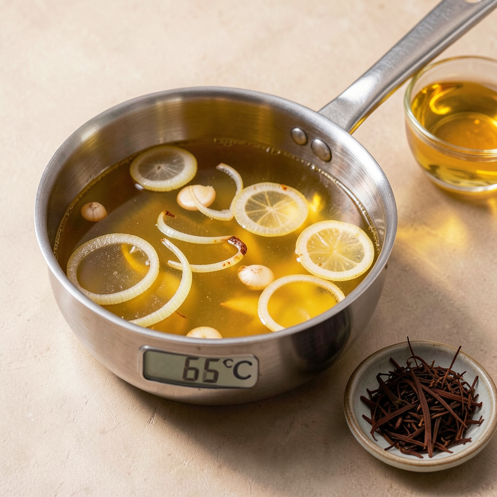 Escabeche tibio de azafrán dorado en cazo