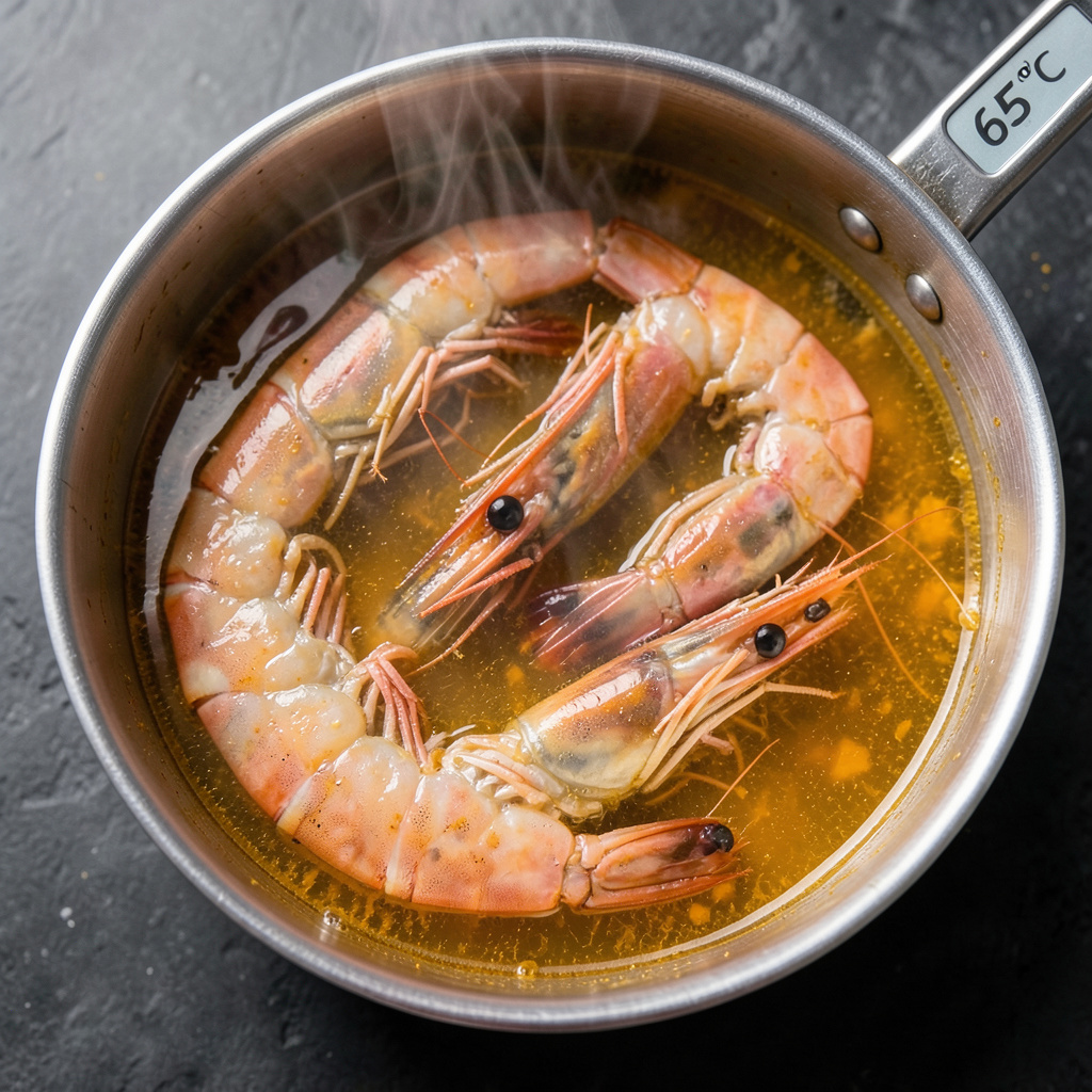 Langostinos cocinando en escabeche a 65°C