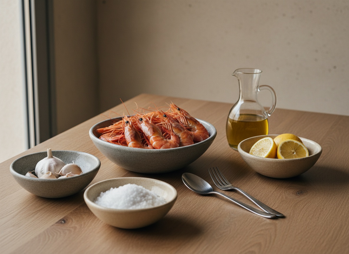 Ingredientes de los langostinos de Vinaròs a la sal vistos de lado en ángulo de 45 grados: cuencos de cerámica artesanal con langostinos, sal gruesa, ajos, limón y jarra de aceite de oliva sobre roble.