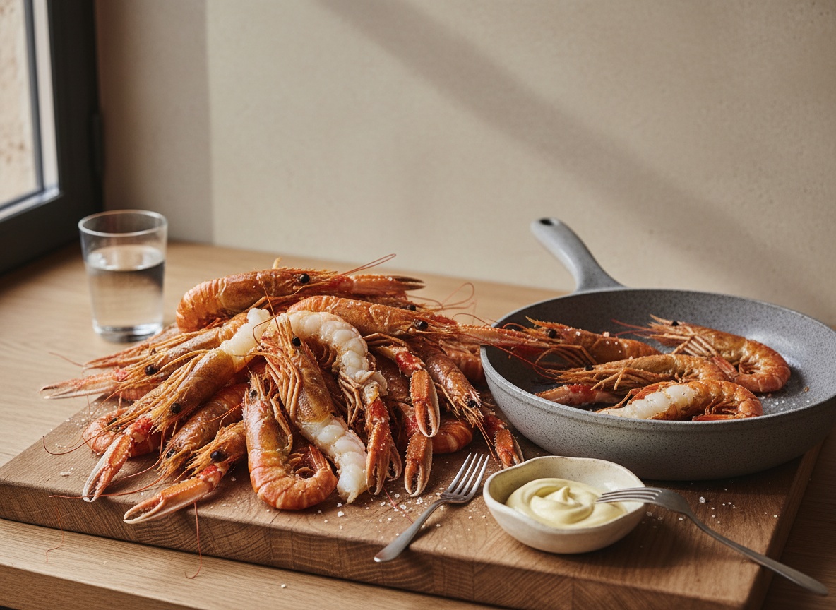 Langostinos a la sal terminados, con el caparazón naranja intenso y la carne nacarada, retirándose de la sartén.