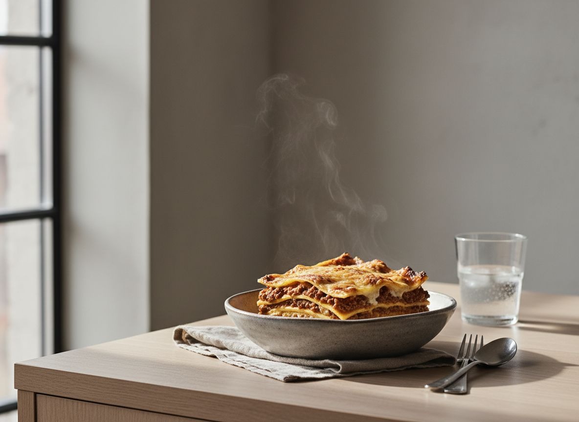 Porción de lasaña boloñesa con capas visibles de pasta, ragù y bechamel dorada, en cuenco de cerámica gris piedra, con un ligero vapor, luz natural suave desde la izquierda.