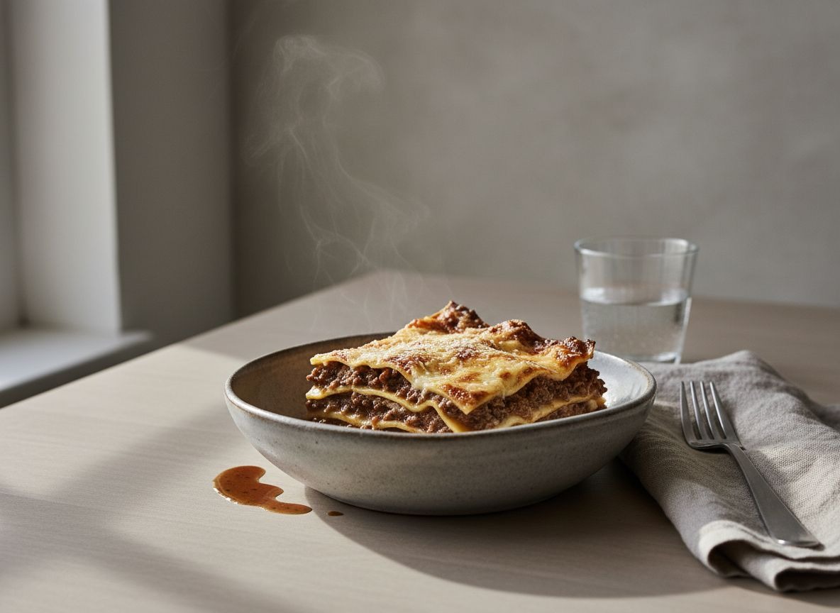 Porción de lasaña de cordero braseado con capas de pasta y bechamel de parmesano gratinada, en cuenco de cerámica gris piedra, con un ligero vapor, luz natural suave desde la izquierda.