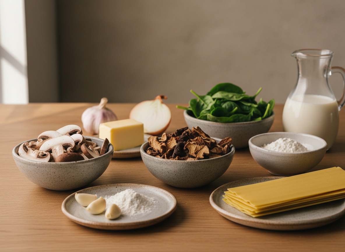 Bodegón de mise en place sobre encimera de piedra clara: cuencos gris piedra con portobello, shiitake y boletus, espinacas frescas, cebolla, ajos, mantequilla, harina, leche, parmesano y placas de lasaña; sin manos.