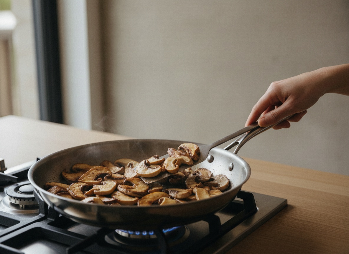 Sartén amplia de acero sobre la placa con llama viva, láminas de portobello y shiitake en una sola capa dorándose, bordes tostados; una mano voltea las setas con una espátula, humo ligero.
