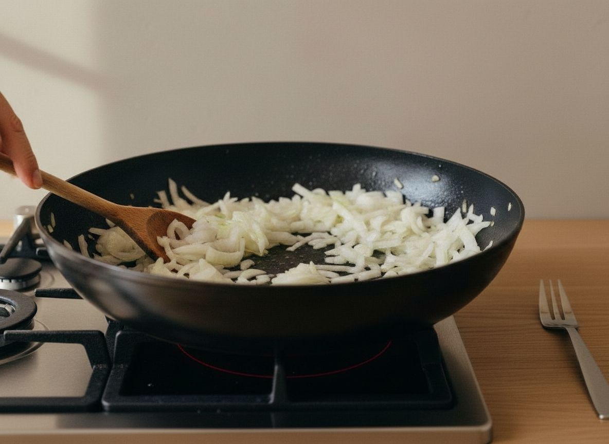 Sartén amplia sobre la placa con llama, sofrito de cebolla transparente con setas doradas y espinacas picadas mezclándose; una mano remueve con una cuchara de madera, relleno seco y oscuro.