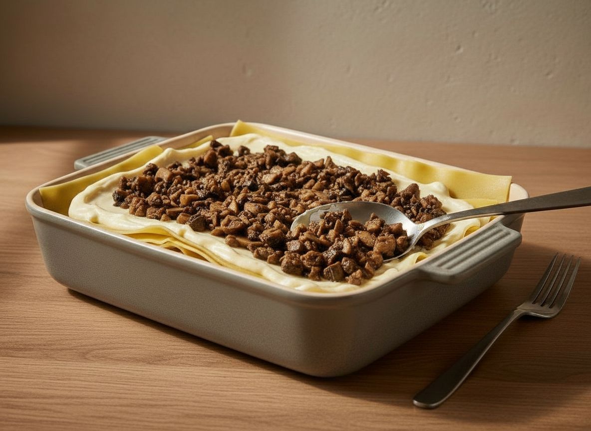 Fuente de horno rectangular de cerámica gris piedra sobre la encimera, capas visibles de placas de lasaña, relleno de setas y espinacas y bechamel; la última capa de bechamel recién extendida con una cuchara apoyada en el borde.