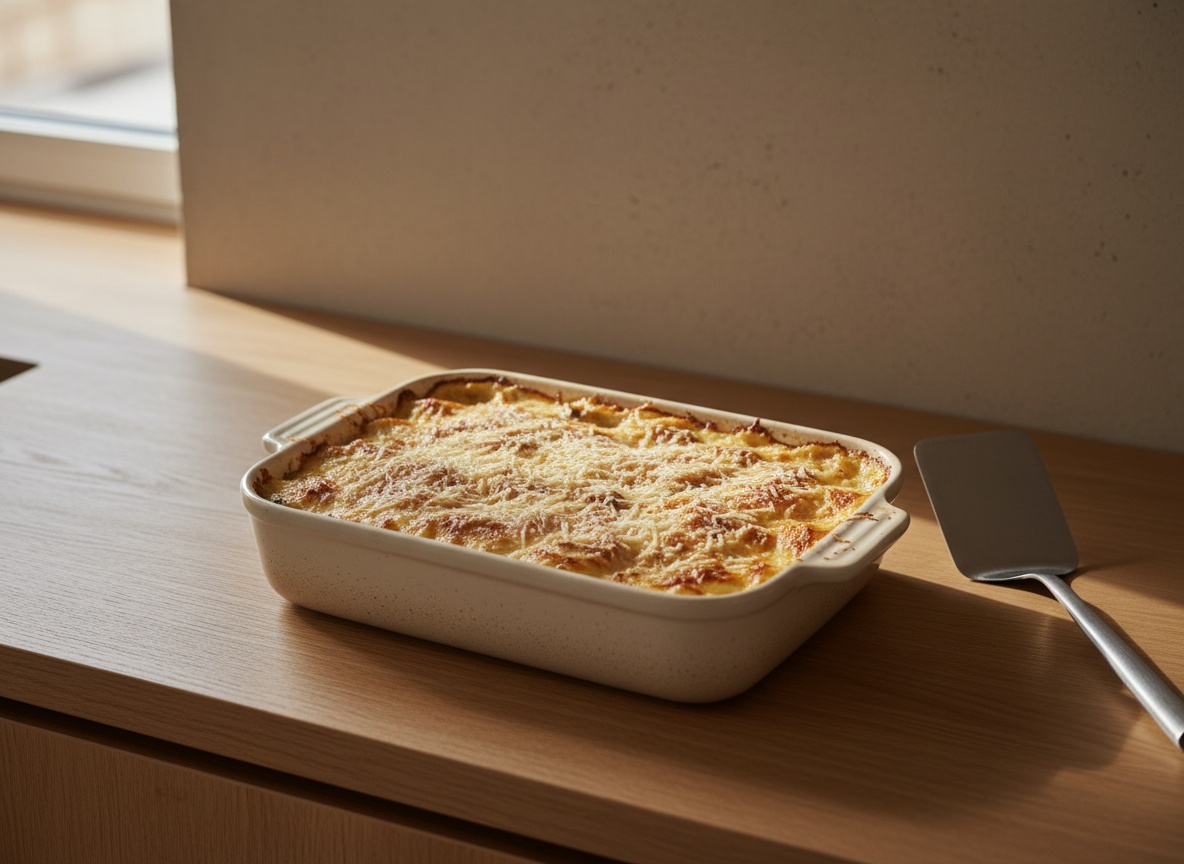 Fuente de lasaña dentro del horno, bechamel burbujeando por los bordes y superficie dorada con parmesano gratinado; luz cálida de la resistencia del horno, sin manos.