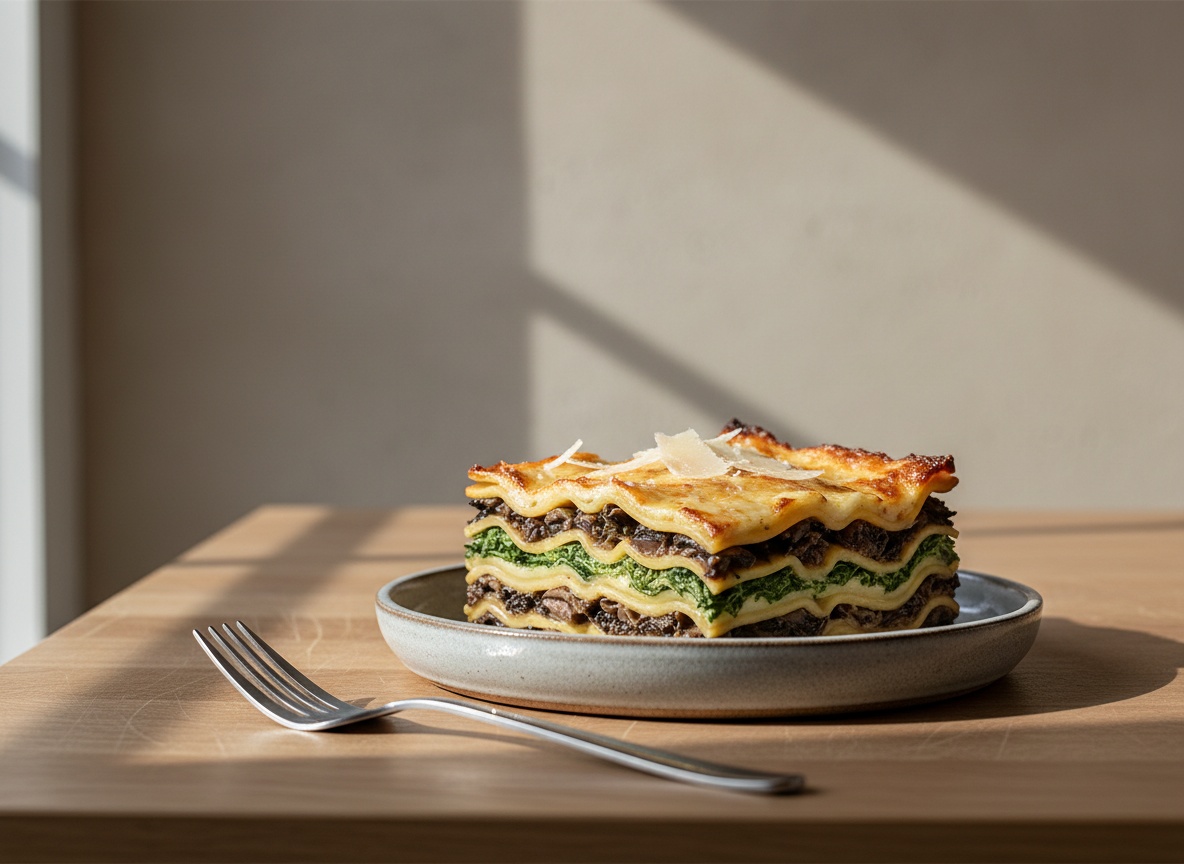 Porción de lasaña de setas y espinacas sobre plato gris piedra, capas de pasta, relleno oscuro de setas y verde de espinacas, bechamel gratinada dorada.