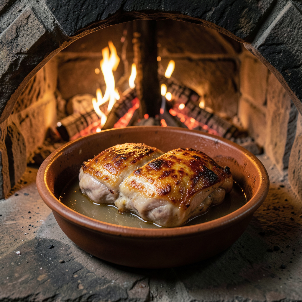 Paletillas asándose en bandeja de barro dentro del horno de piedra