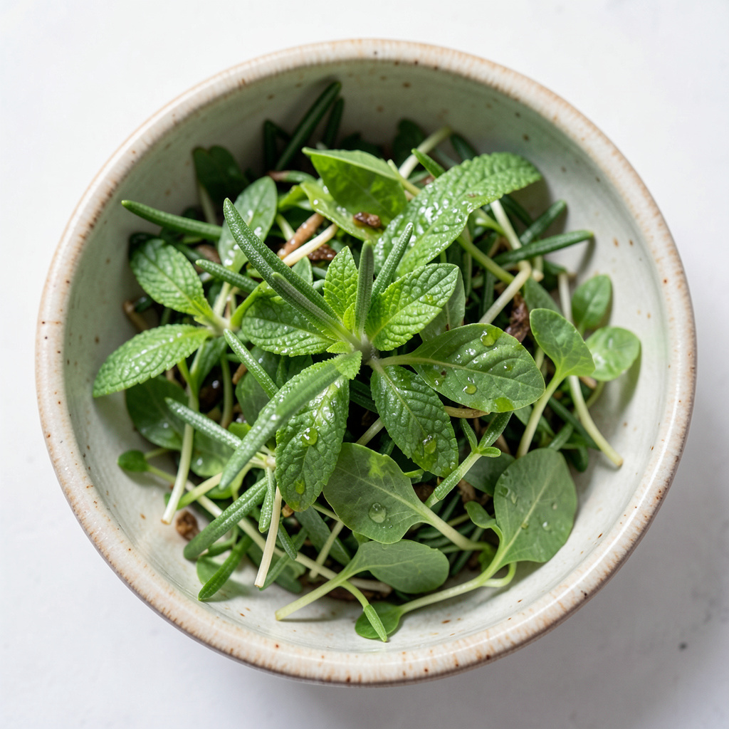 Ensalada de hierbas silvestres: tomillo limonero, romero, ajedrea, menta y rúcula