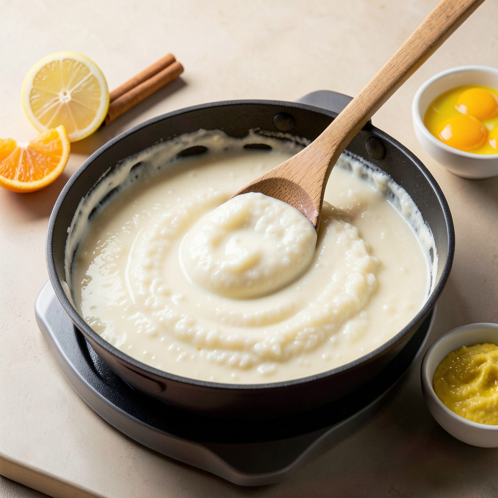 Crema de arroz con leche espesando en cazo