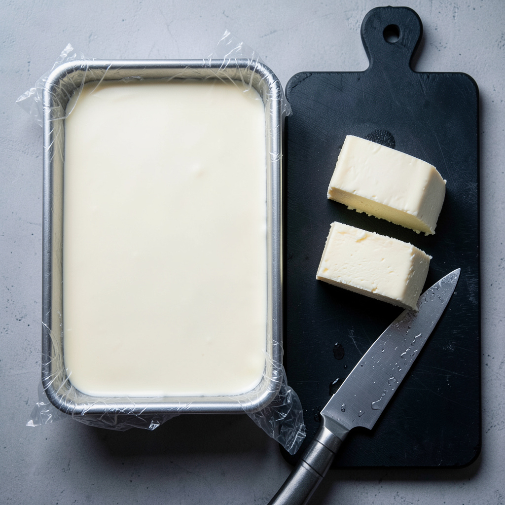 Leche frita cuajada en molde y cortada en rectángulos