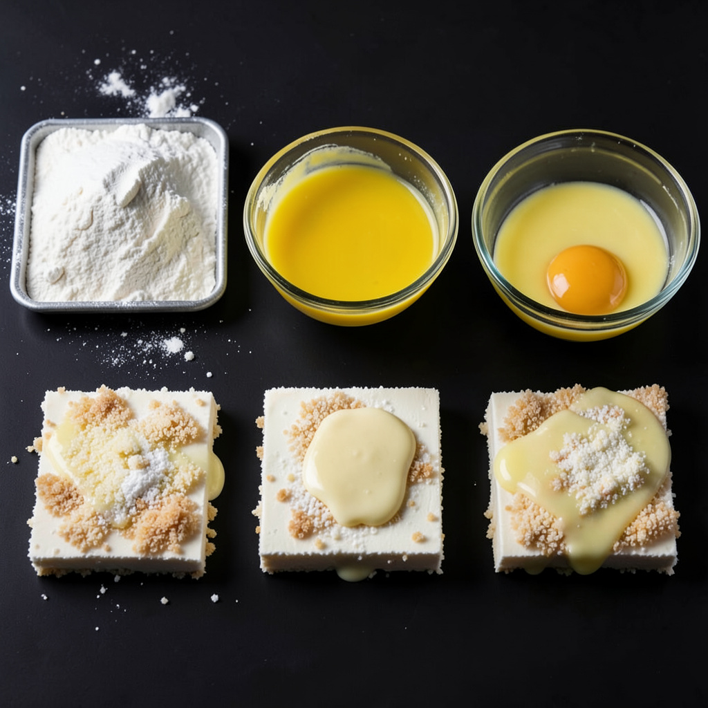 Rectángulos de leche frita empanados en harina y huevo