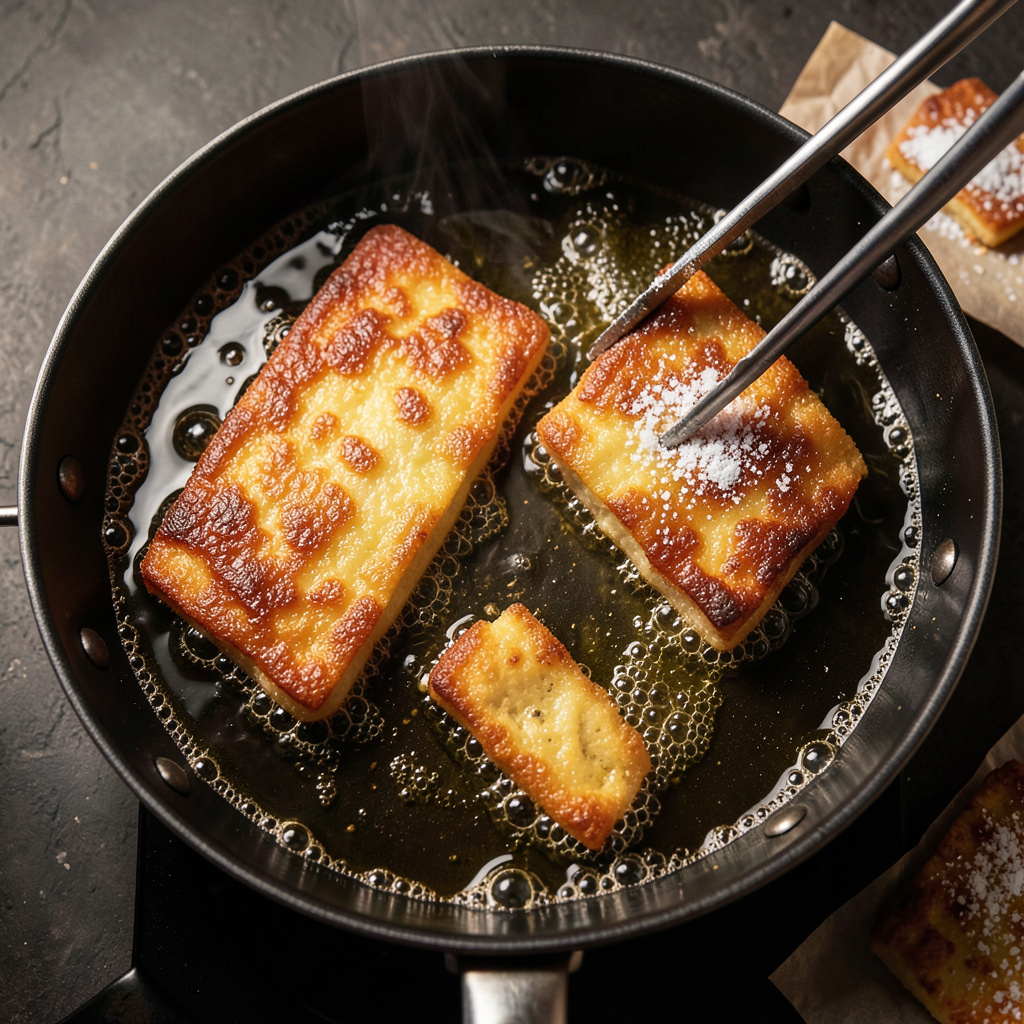 Leche frita dorándose en aceite a 175°C