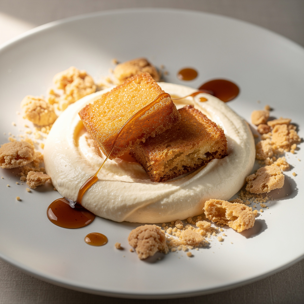 Leche frita de arroz con leche crujiente con caramelo de mantequilla salada, sopa fría de nata y tierra de galleta en plato hondo blanco